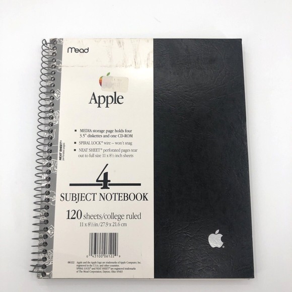 Vtg Apple Computer Spiral Bound Notebook Insert Info Sheet Black Mead 4 Subject